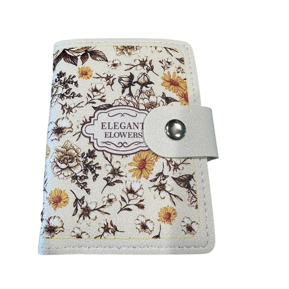 Floral Cream Leather Credit Card Holder/Mini Photo Album with Snap Closure